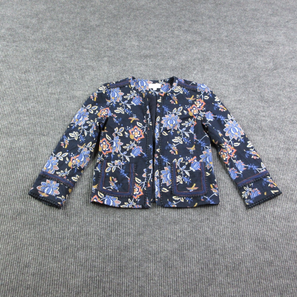LOFT Jacket Womens 0 Blue Floral Collarless Lined Open Pockets Knit Short
